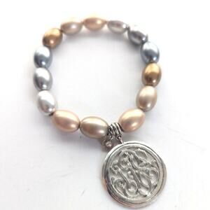 Vintage Monet Faux Multi Color Pearl Beaded Scrolling Pendant Stretch Bracelet